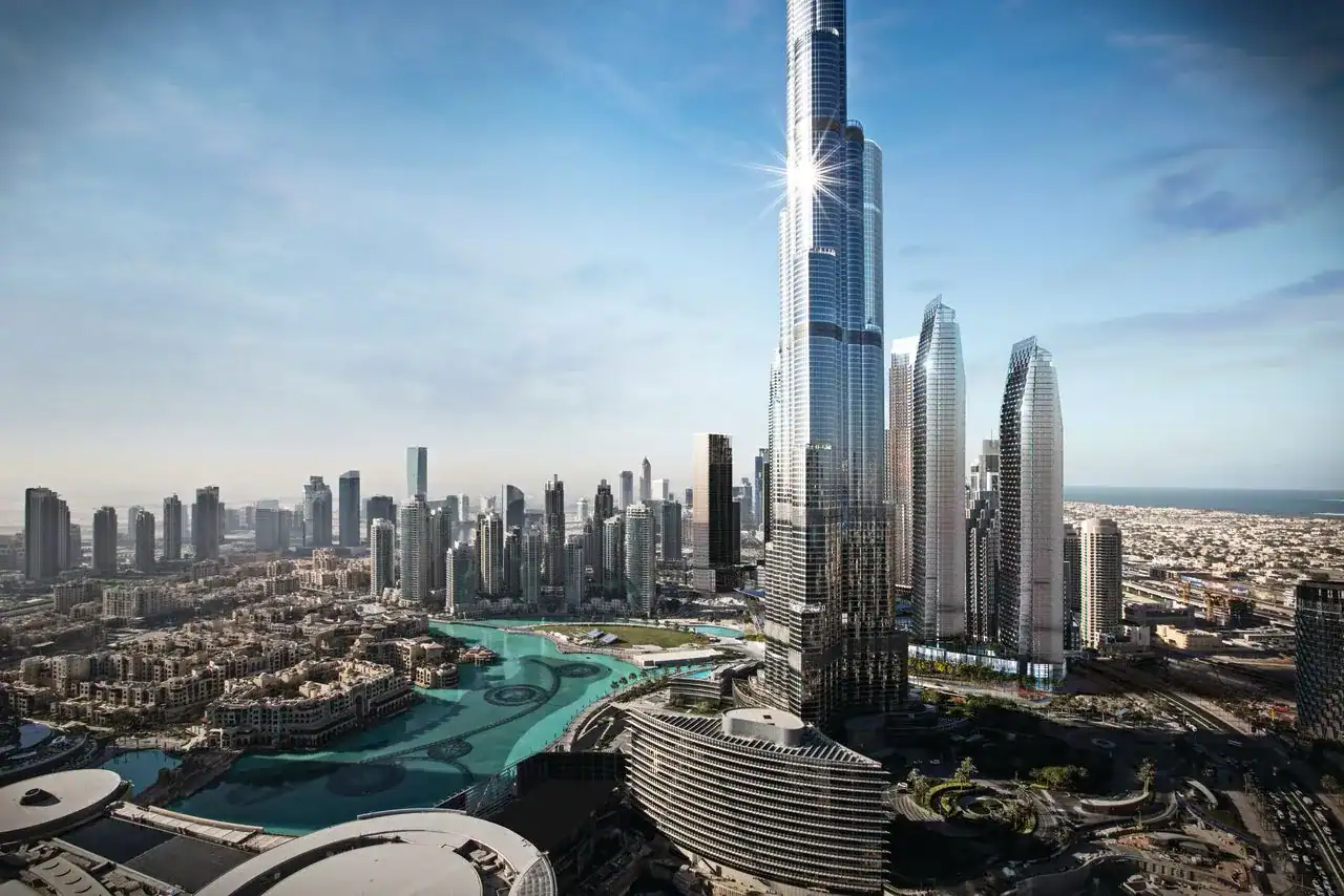 Luxurious Dubai skyline featuring the iconic Burj Khalifa skyscraper and modern high-rise buildings, showcasing premier real estate opportunities in Dubai.
