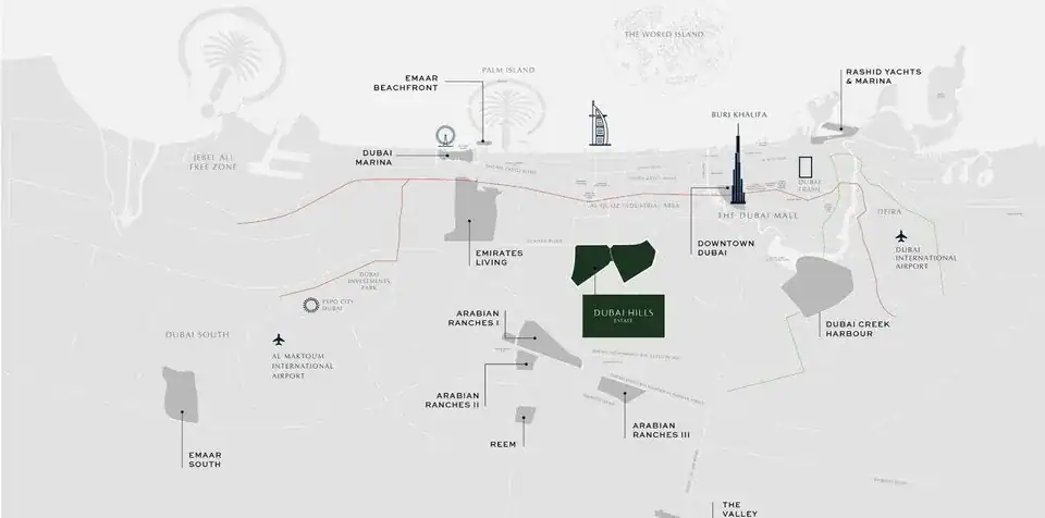 Luxurious Dubai Hills Estate map highlighting prime real estate locations and nearby attractions, ideal for upscale property investments in Dubai.